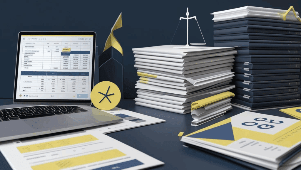 Imagen de reforma laboral 2025 en Colombia: documentos legales, laptop y balanza