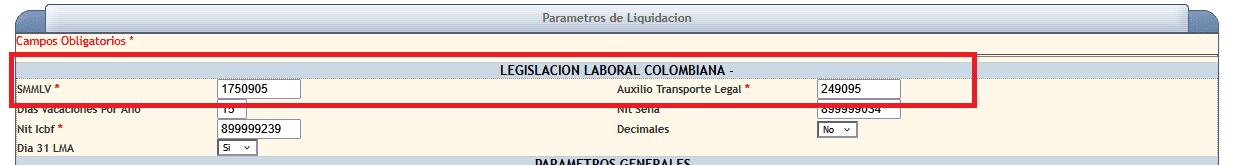 Pantalla de parámetros de liquidación en Informaweb ERP con actualización del salario mínimo, auxilio de transporte y datos de legislación laboral colombiana para 2026